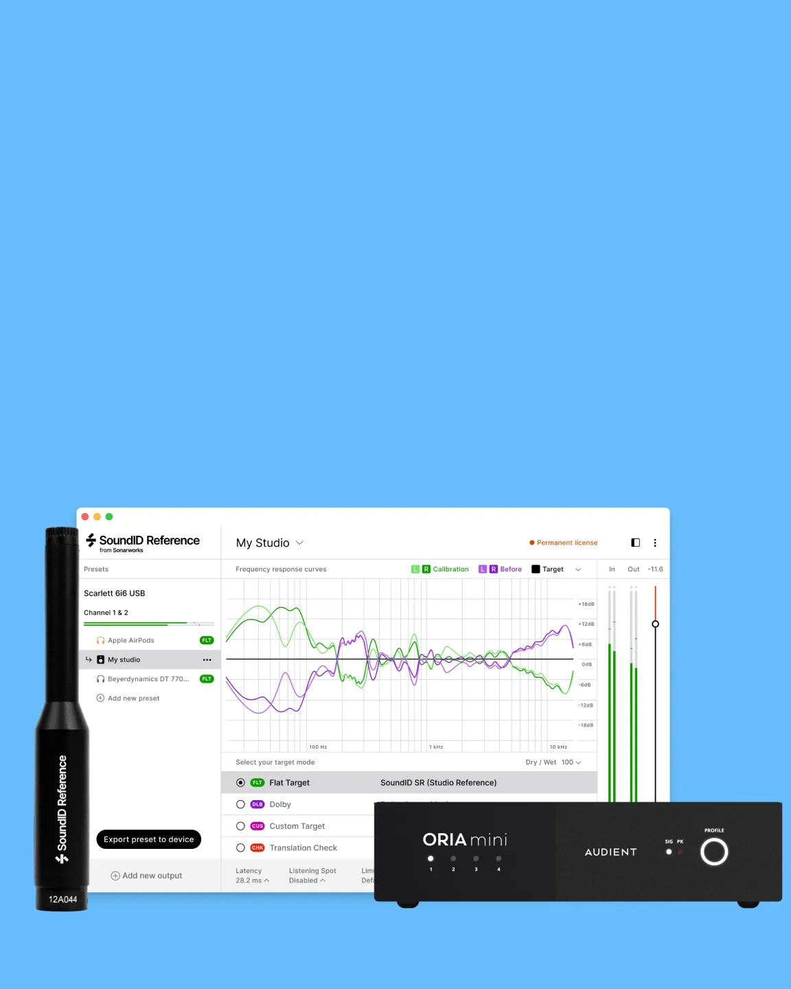 SoundID Reference calibration setup showing software frequency response curves with Audient ORIA Mini audio interface and SoundID Reference measurement microphone on a blue background.