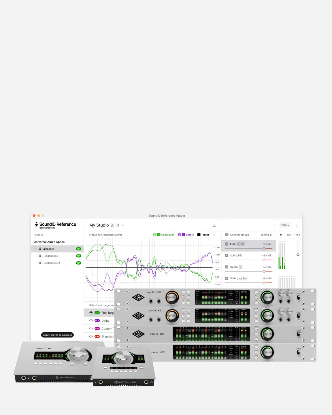 SoundID Reference software interface showing frequency response calibration curves with multiple Universal Audio Apollo interfaces including x4, x6, and x8p models arranged in front.