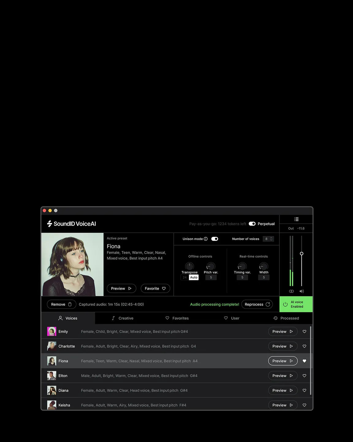 SoundID VoiceAI software interface showing AI voice processing controls and a list of voice presets including Fiona, Emily, and Charlotte with audio playback and configuration options.