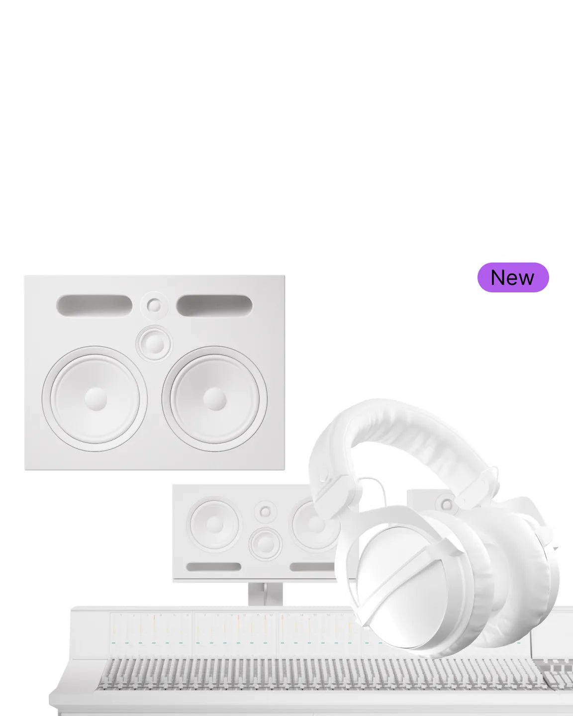 White professional studio setup featuring over-ear headphones, dual monitor speakers, and a large mixing console with a purple “New” label on the side.